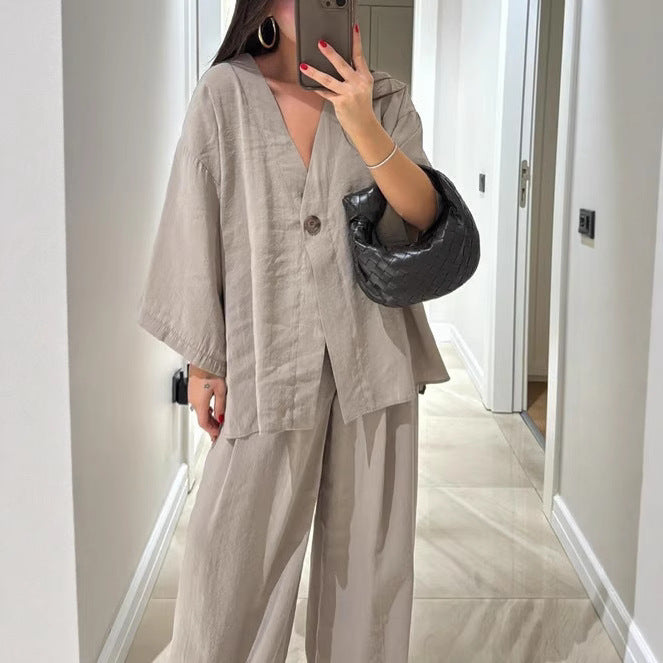 Damen nan entspanntes Zweiteiler-Leinenensemble mit kimonoartiger Oversize-Jacke und weiter Palazzohose EB