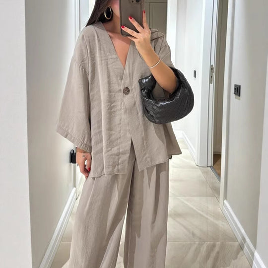 Damen nan entspanntes Zweiteiler-Leinenensemble mit kimonoartiger Oversize-Jacke und weiter Palazzohose EB