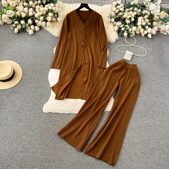 Damen elegantes Strickanzug mit V-Ausschnitt und weitem Bein EB