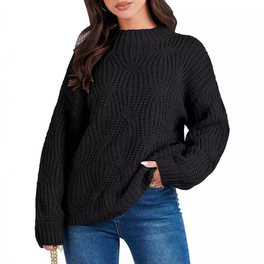 Damen Grobstrickpullover mit extravagantem Wellenmuster und hohem Kragen EB