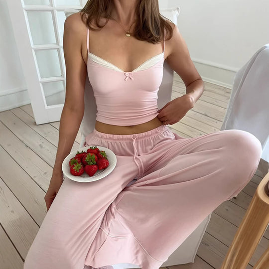 Damen Schlafanzug Set mit Spaghetti-Trägern und weitem Bein EB