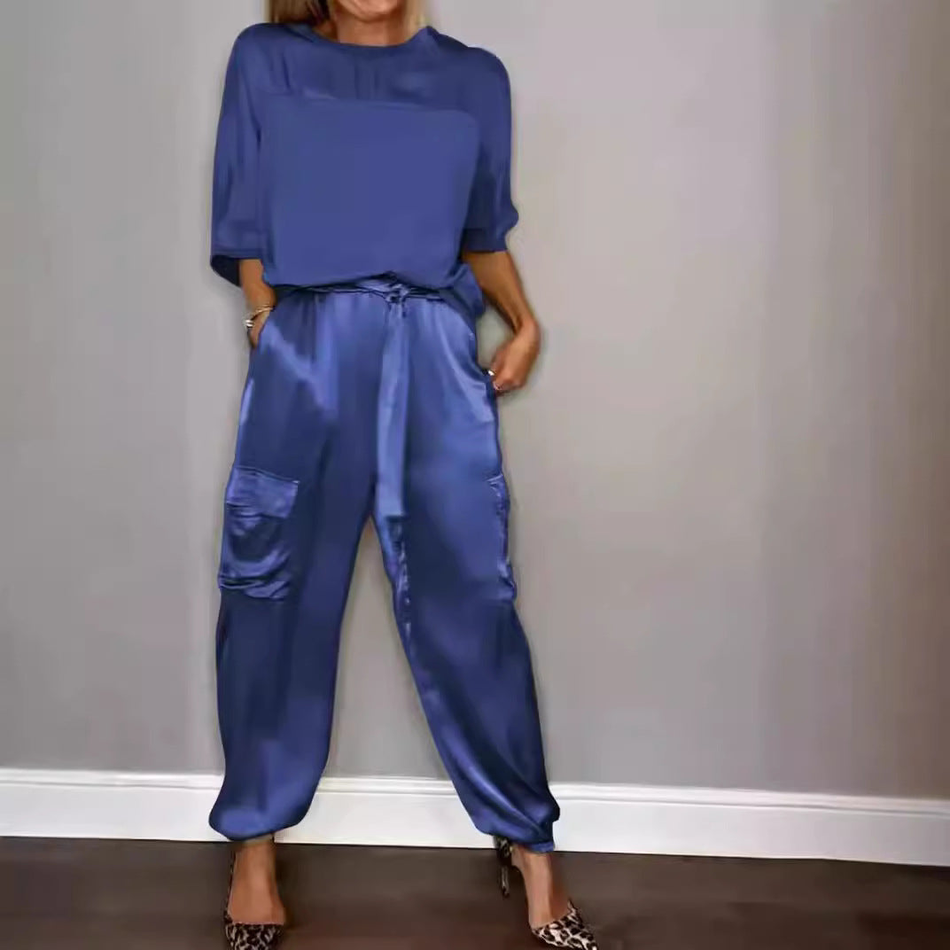 EB | Solide Farbe glatt Satin Top zweiteilige Set für Frauen