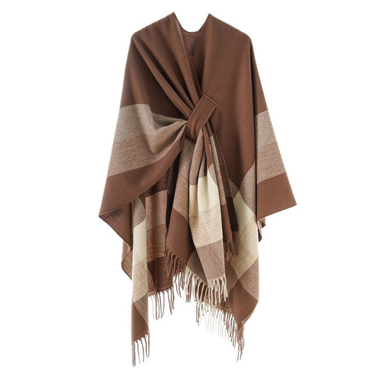 Damen Cape‑Poncho aus Wollmix mit Schlitzgürtel, geometrischem Jacquard und Fransensaum EB