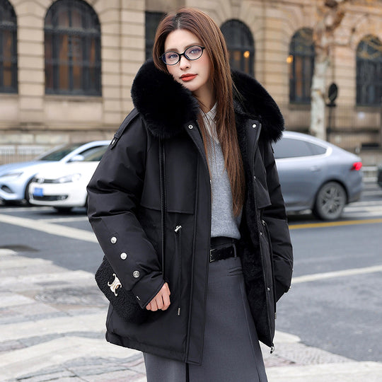 Damen Modischer Pufferparka mit luxuriösem Kunstfellkragen und praktischen Taschen EB