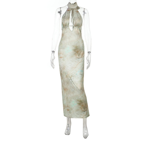 Damen elegantes Maxikleid mit kreativem Schlitz und schimmerndem Wasserfallausschnitt EB
