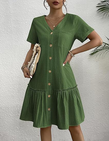 Damen Freizeitkleid mit Knopfverschluss und Volants EB