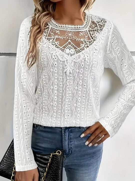 Damen elegante Bluse mit Spitzeneinsätzen und detailliertem Lochmuster EB