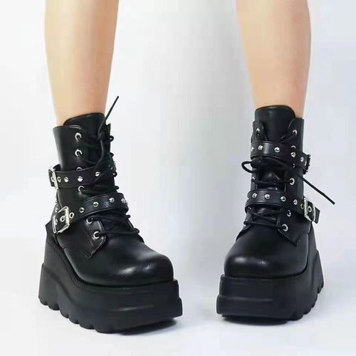 Damen Plateau-Stiefeletten mit modischen Schnallen und robuster Sohle EB