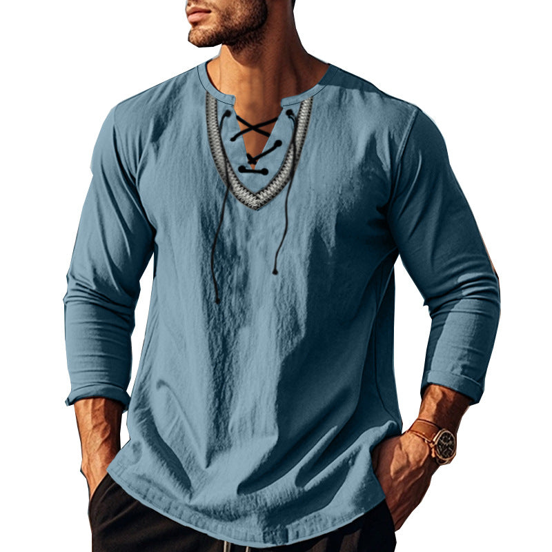 Herren Langarm-Henley-Shirt mit dekorativer Schnürung und lässigem Schnitt EB