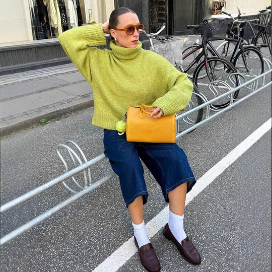 Damen gemütlicher Strickpullover mit hohem Kragen und überschnittenen Schultern EB