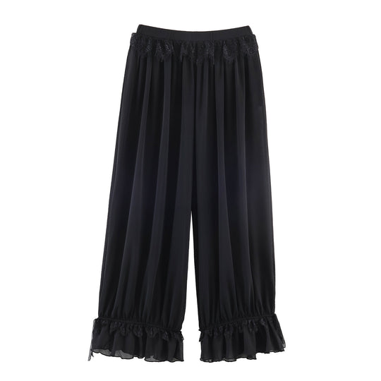 Damen Plissee-Party-Hose mit Spitzenbesatz und elastischem Bund EB