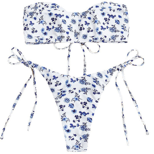 Damen Bandeau-Bikini mit floralem Musterdruck und verspielten Bindebändern EB
