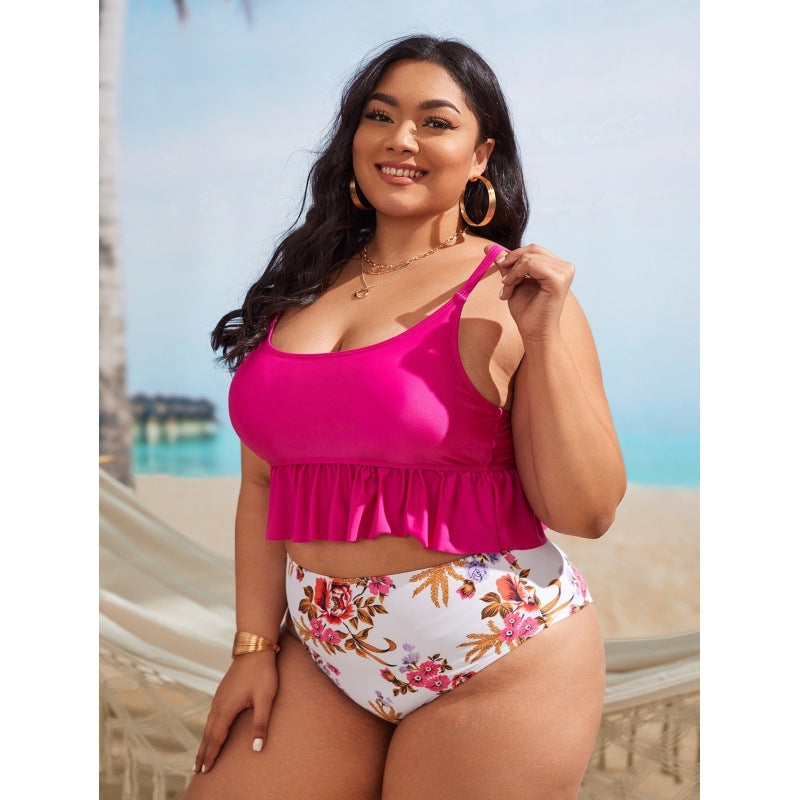 Damen Bikini-Set mit voluminösem Rüschendesign und floralem High-Waist-Slip EB