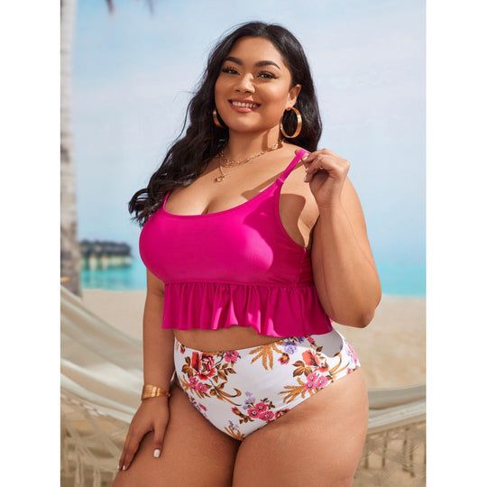Damen Bikini-Set mit voluminösem Rüschendesign und floralem High-Waist-Slip EB