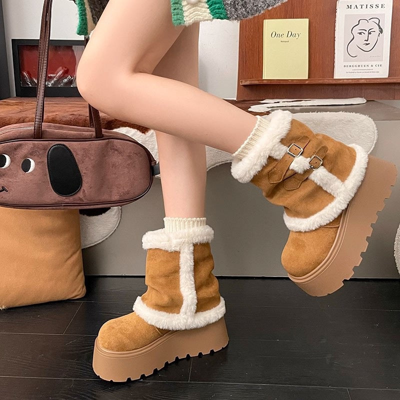 Damen Stiefeletten mit flauschigem Innenfutter und modischen Schnallendetails EB