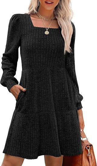 Damen Gestricktes A‑Linien‑Minikleid mit quadratischem Ausschnitt, Stufenrock und Eingrifftaschen EB