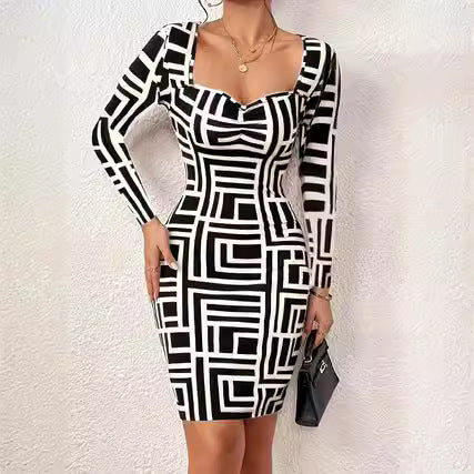 Damen Figurbetontes Langarmkleid mit geometrischem Muster und kreativem Ausschnitt EB