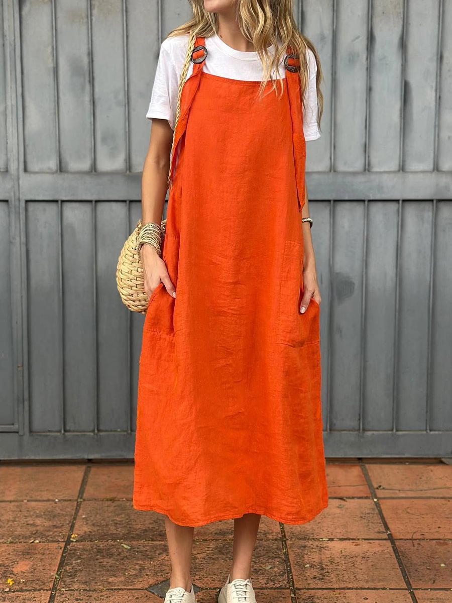 Damen Leichte Leinenkleid mit Taschen EB