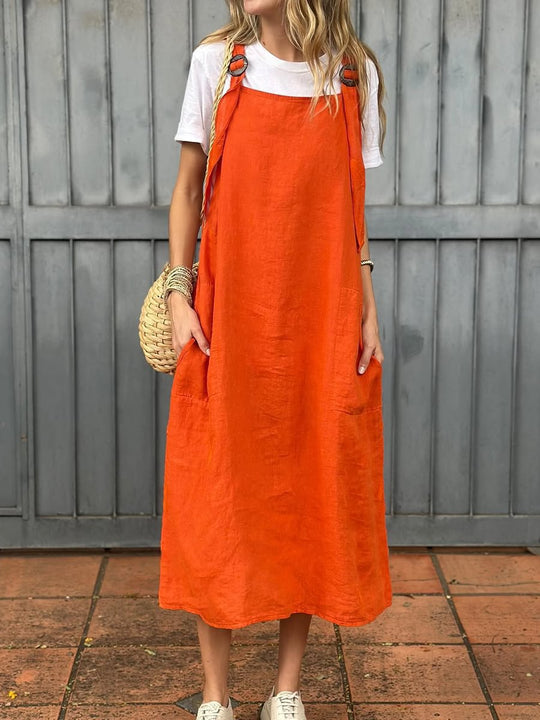 Damen Leichte Leinenkleid mit Taschen EB
