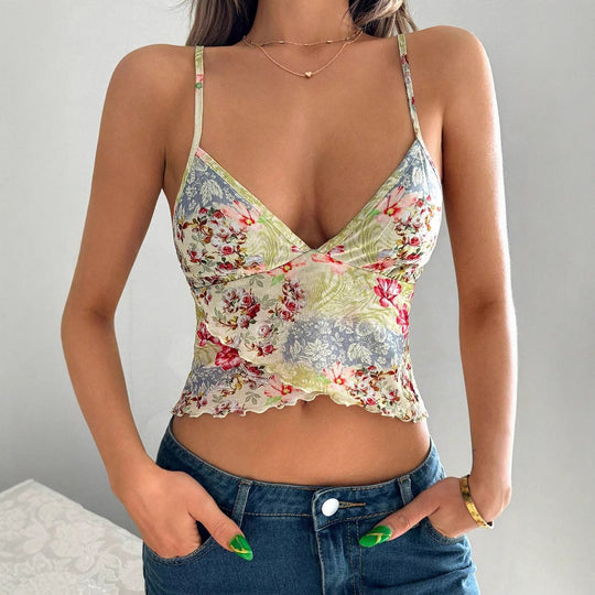 Damen gerafftes Blusentop mit feinem Floral-Print und zarten Spaghetti-Trägern EB