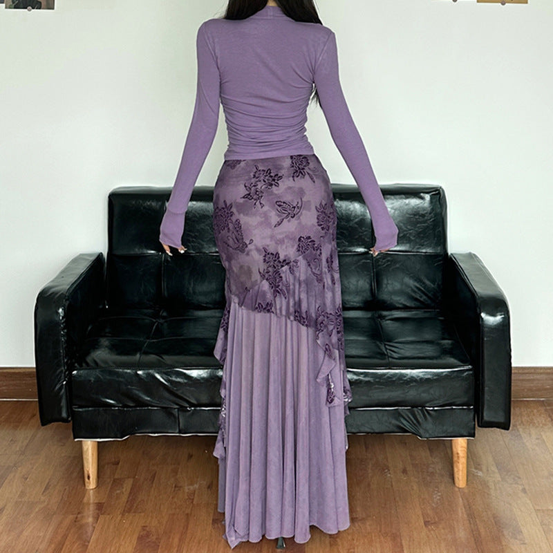 Damen eleganter asymmetrischer Maxirock mit floralen Verzierungen EB