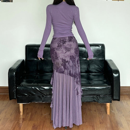 Damen eleganter asymmetrischer Maxirock mit floralen Verzierungen EB