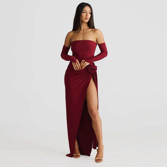 Damen Elegantes Schulterfreies Abendkleid mit Raffung und hohem Schlitz EB