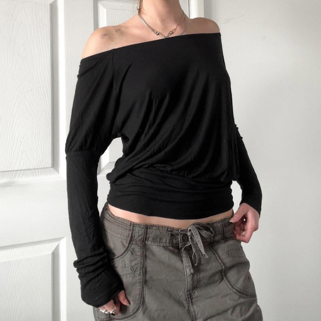 Damen nan schulterfreies Langarmshirt mit tailliertem Komfortbund, gerafften Schultern und figurbetonter Passform EB