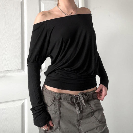 Damen nan schulterfreies Langarmshirt mit tailliertem Komfortbund, gerafften Schultern und figurbetonter Passform EB