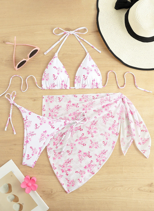 Damen Triangel-Bikini mit floralem Muster und zartem Cover-Up EB