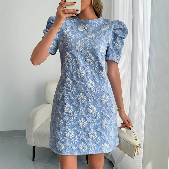 Damen Minikleid mit Puffärmeln und floralen Stickereien EB