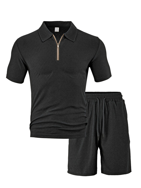 Herren nan komfortables Kurzarm-Halbzip-Set mit Polokragen und elastischer Kordelhose aus Strukturstrick EB
