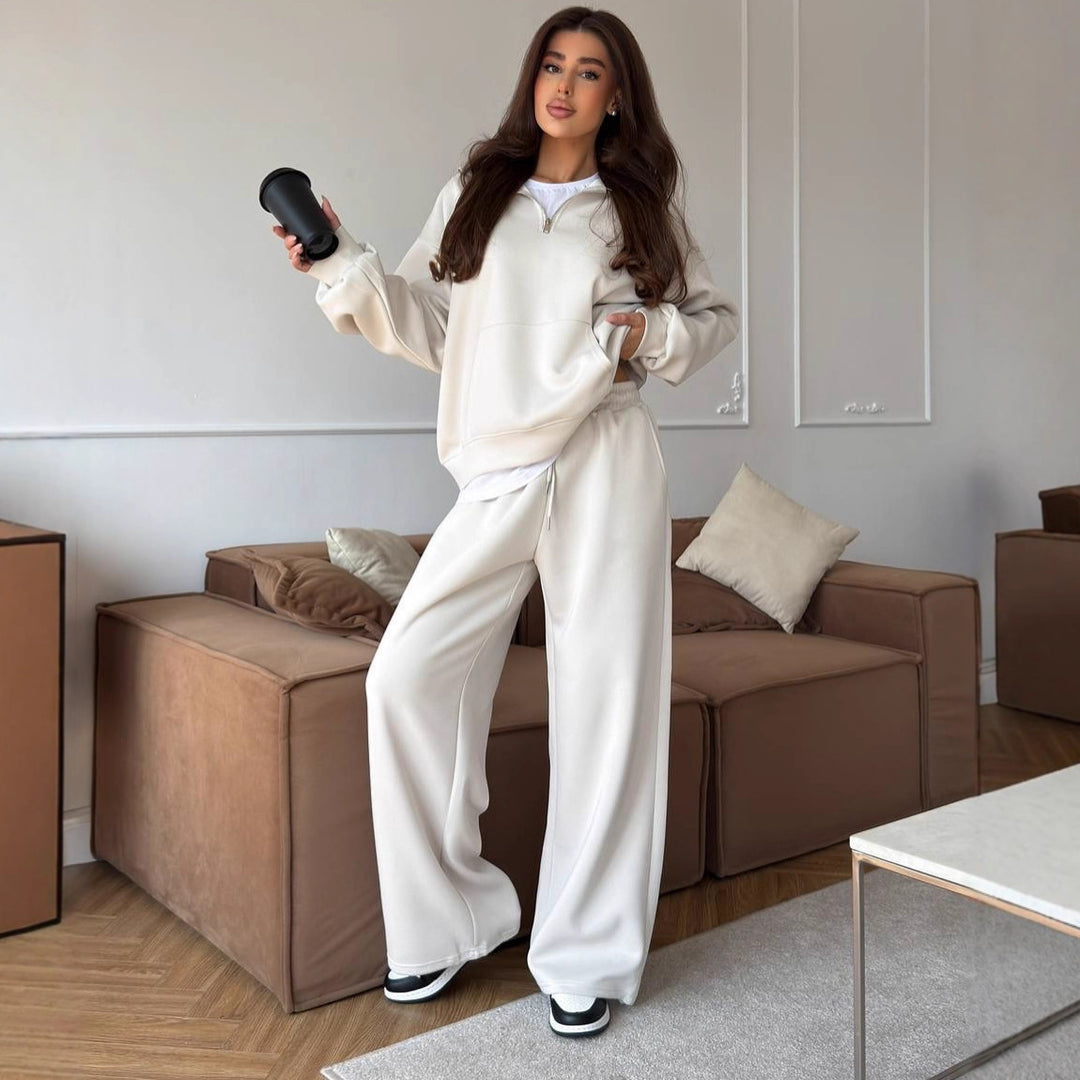 Damen nan weites Halfzip-Lounge-Set mit Kapuzenpullover, Kängurutasche und fließender Wide-Leg-Hose EB