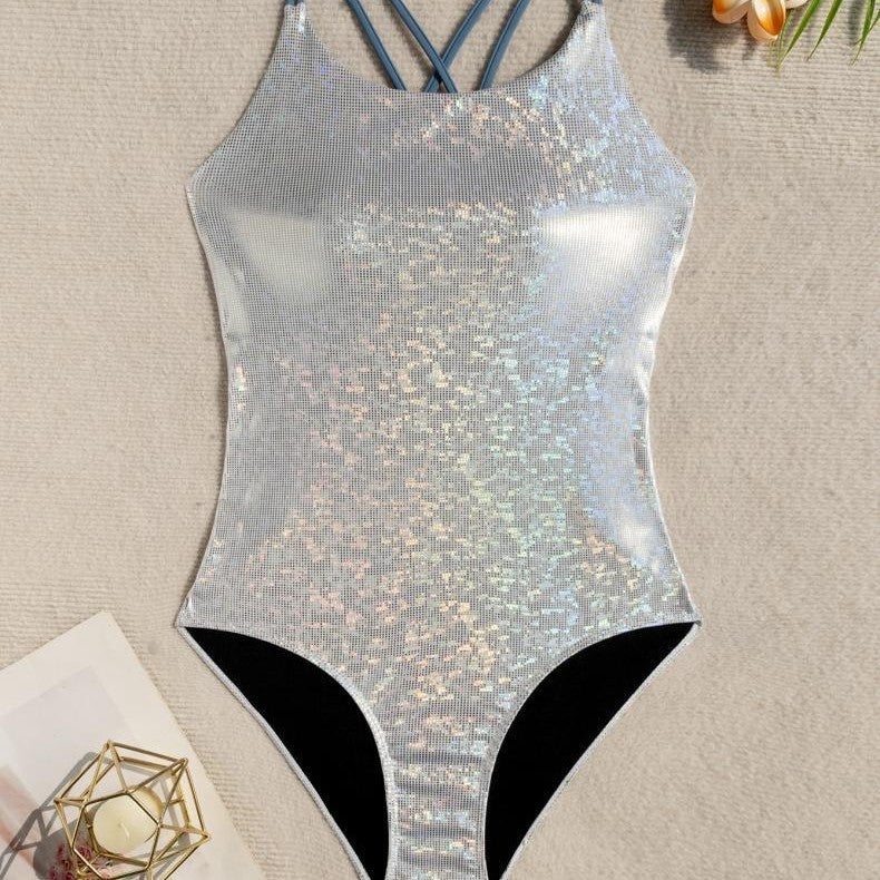 Damen Einteiler Badeanzug mit schimmerndem Netzdesign EB
