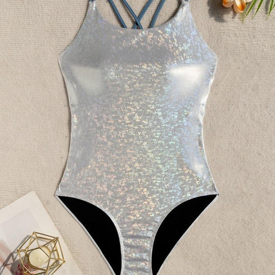 Damen Einteiler Badeanzug mit schimmerndem Netzdesign EB