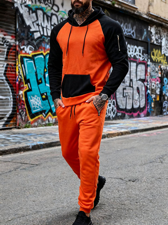 Herren nan zweiteiliges Kapuzen-Sweatset mit Raglanärmeln, Ärmel-Zip-Tasche und tapered Jogginghose EB