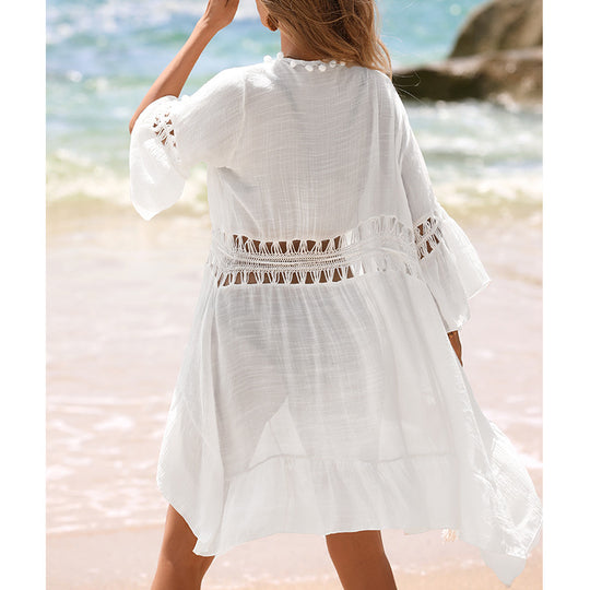 Damen Strandkleid mit offener Front und dekorativen Häkelelementen EB
