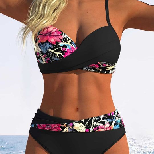 Damen Bikini-Set mit floralem Wickelmuster und bequemen High-Waist-Höschen EB