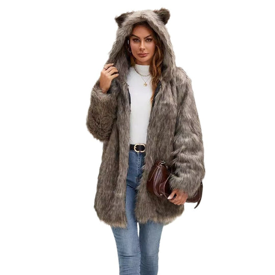 Damen kuschelige Felljacke mit Katzenohren EB