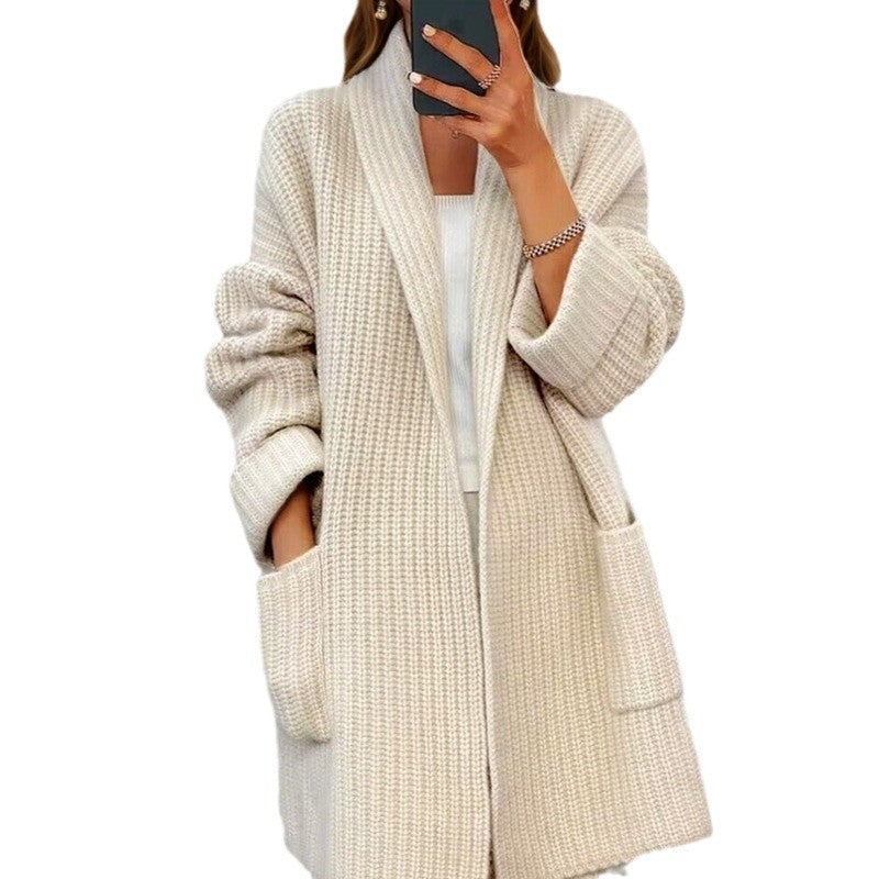 Damen nan langer übergroßer Strickmantel mit Schalkragen und aufgesetzten Taschen EB