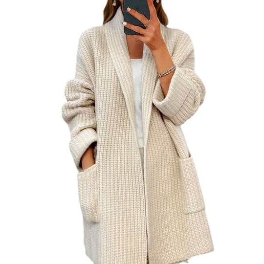 Damen nan langer übergroßer Strickmantel mit Schalkragen und aufgesetzten Taschen EB