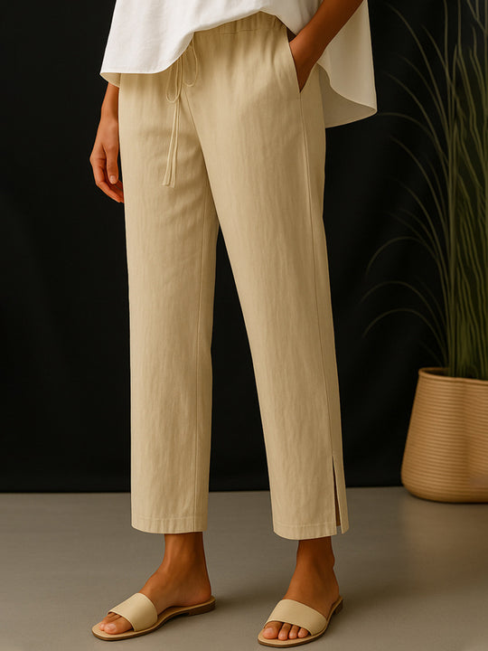 Damen Casual-Chino Leinenoptik Culotte mit elastischem Tunnelzugbund und Eingrifftaschen EB