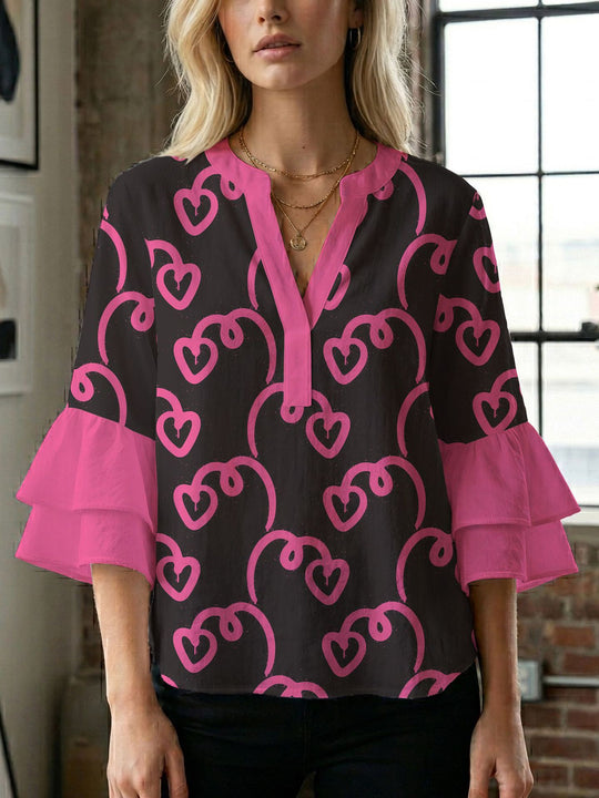 Damen Blusenshirt mit voluminösen Ärmeln und kreativem Druckdesign EB