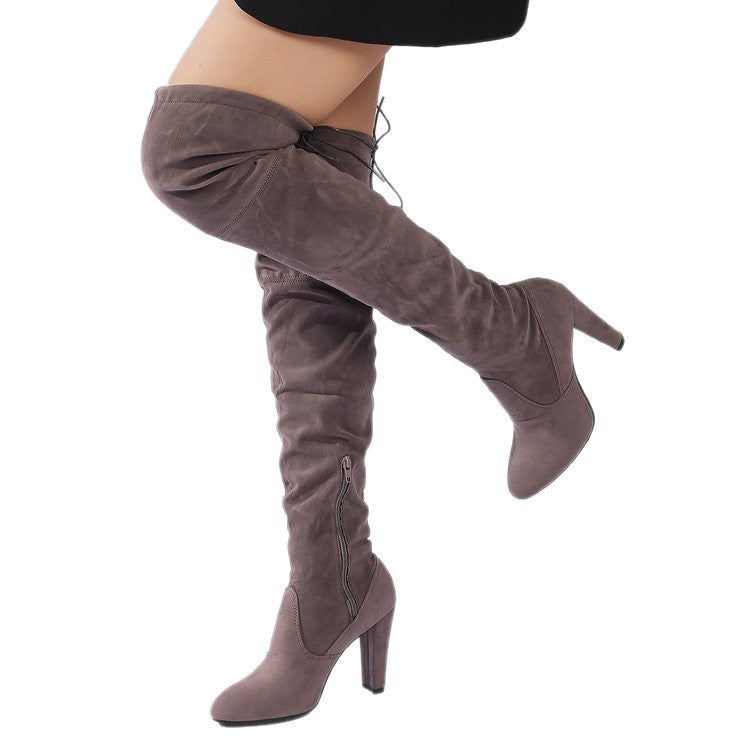 Damen Overknee-Stiefel aus Veloursleder mit hohem Blockabsatz und seitlichem Reißverschluss EB