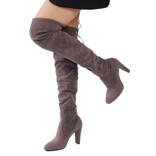 Damen Overknee-Stiefel aus Veloursleder mit hohem Blockabsatz und seitlichem Reißverschluss EB