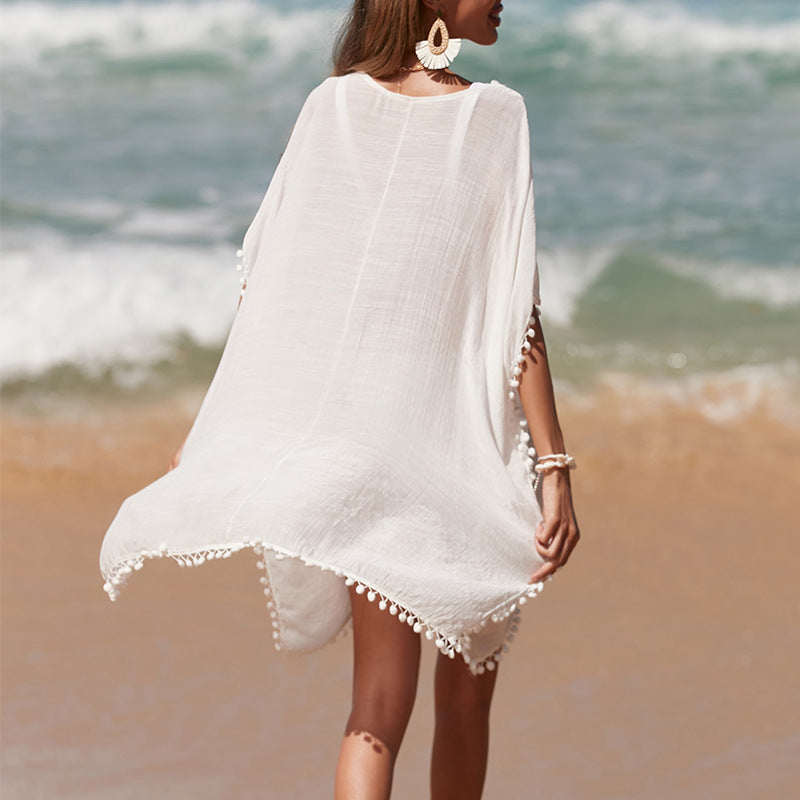 Damen luftiger Kaftan mit fransigen Akzenten und durchbrochenem Design EB