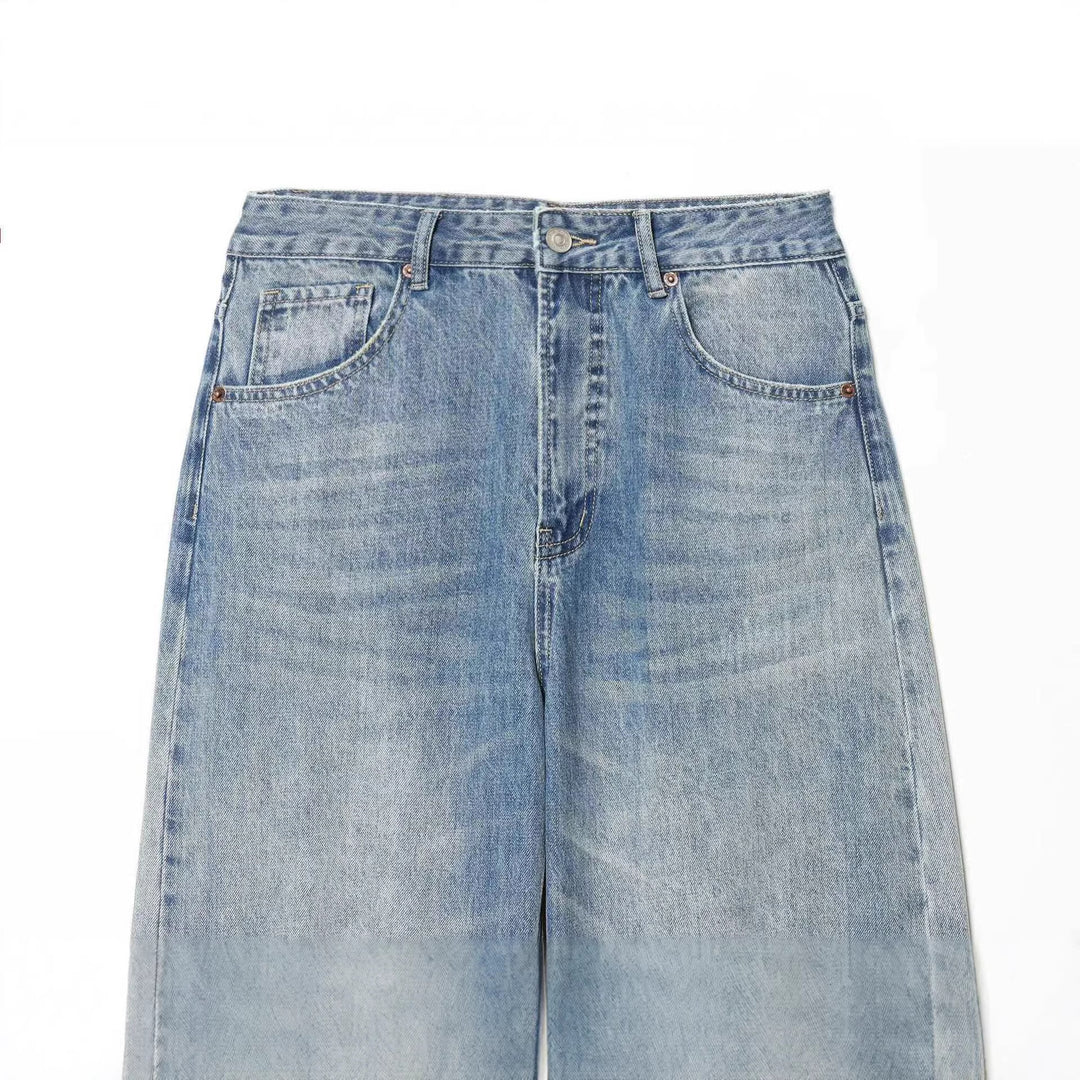 Damen nan weite High‑Waist Ripped Jeans mit Straight‑Leg, aufgekrempeltem Saum und klassischen Taschen EB