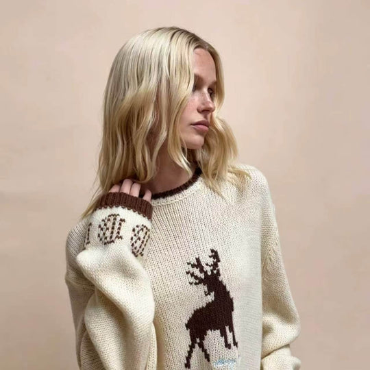 Damen Oversize Strickpullover mit Hirschintarsie, Rundhalsausschnitt und Norwegerbündchen EB