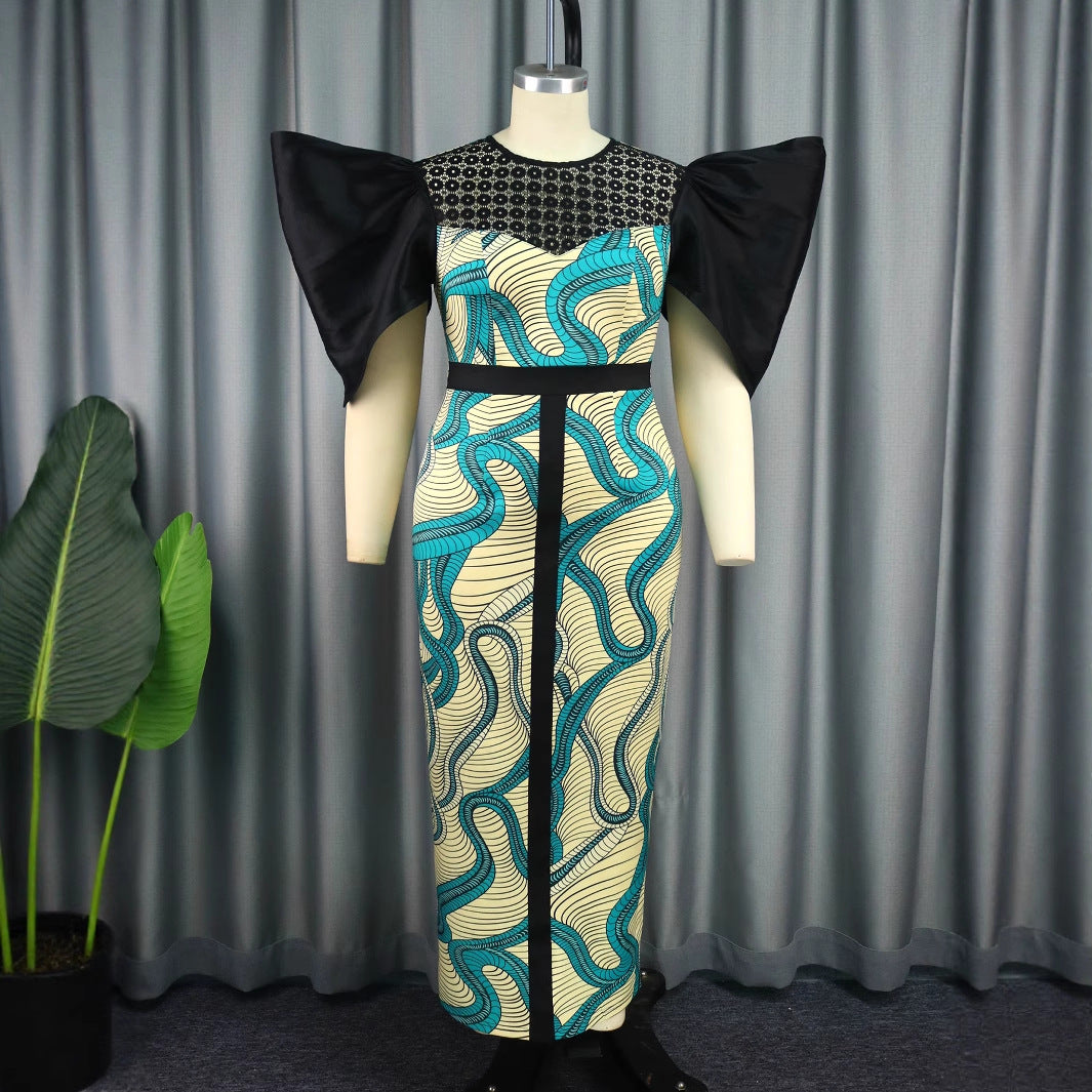 Damen Elegantes Maxikleid mit Volumenärmel und einzigartigem Muster EB
