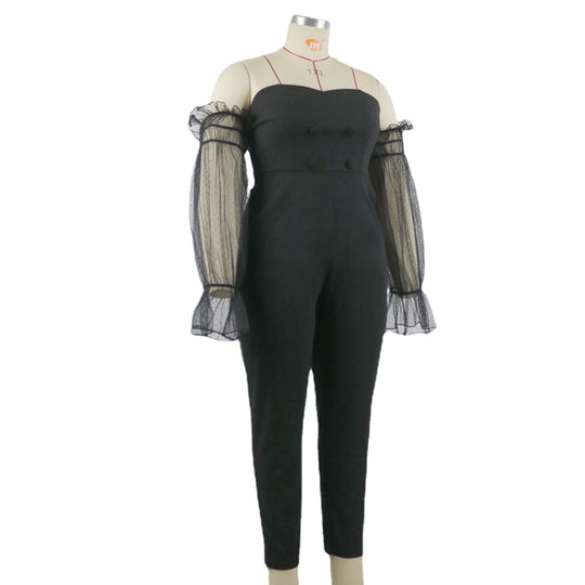 Damen Elegantes Jumpsuit mit transparenten Puffärmeln EB